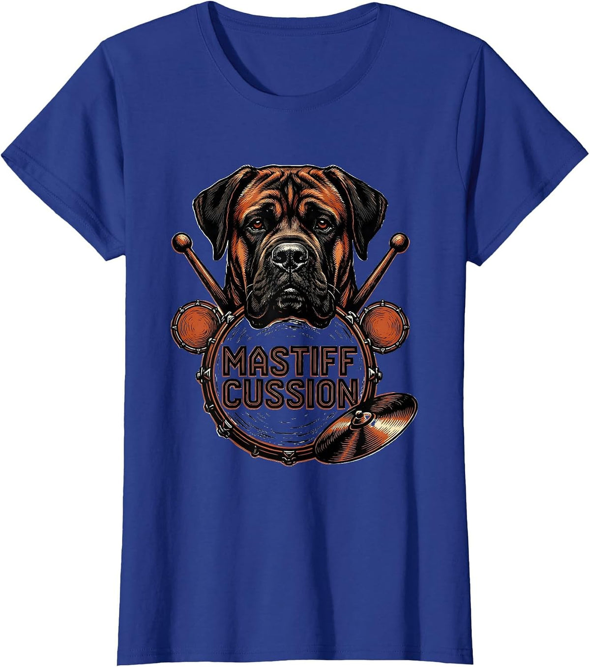Women's Mastiffcussion Linocut Funny Pet Drummer Rock Humor T-Shirt - Royal Blue