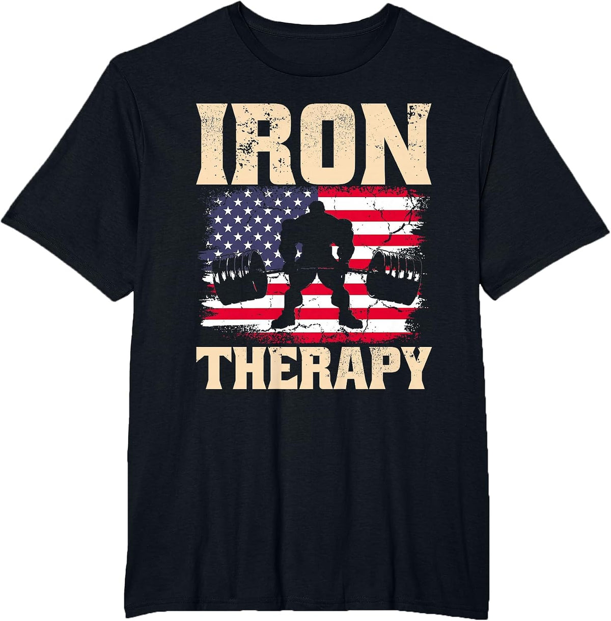 Iron Therapy Gym Deadlift Powerlift with USA American Flag T-Shirt - Black