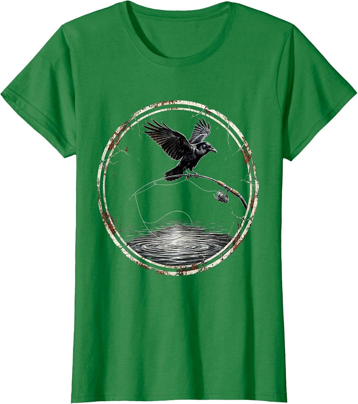Raven on Fishing Rod Tip Graphic Design T-Shirt - Kelly Green