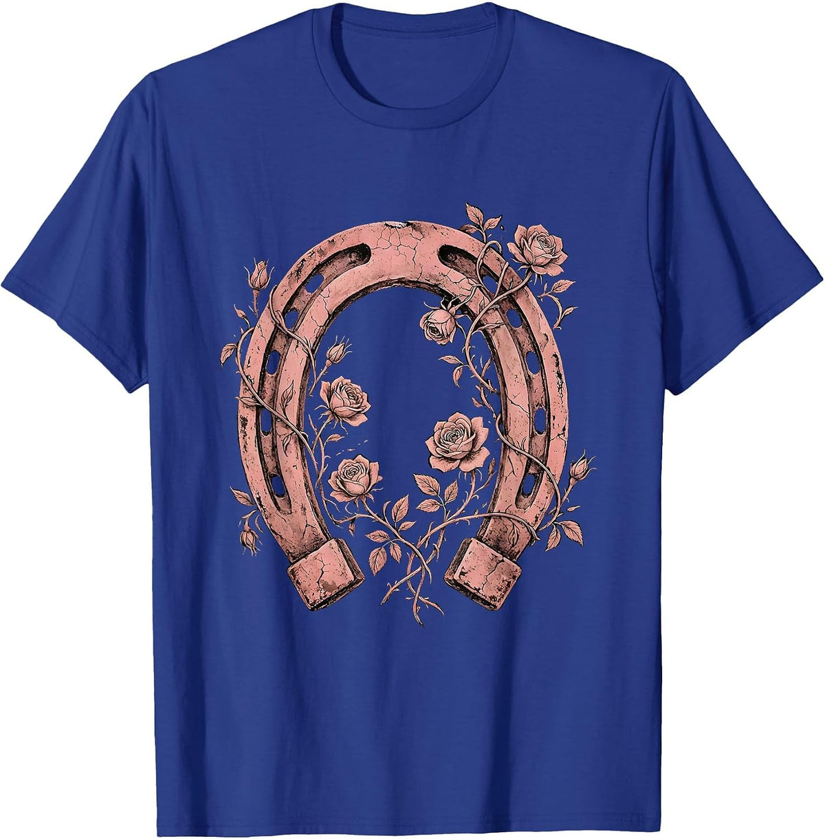 Pink Cowgirl Horseshoe Wild Roses Floral Design T-Shirt - Royal Blue