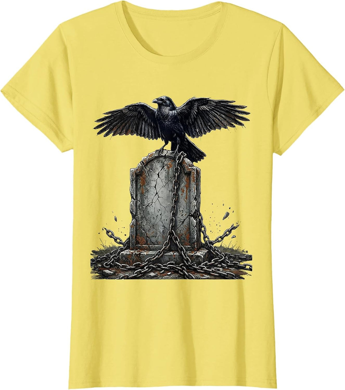 Goth Raven Grave Broken Chains Dark Art Design T-Shirt - Lemon Yellow
