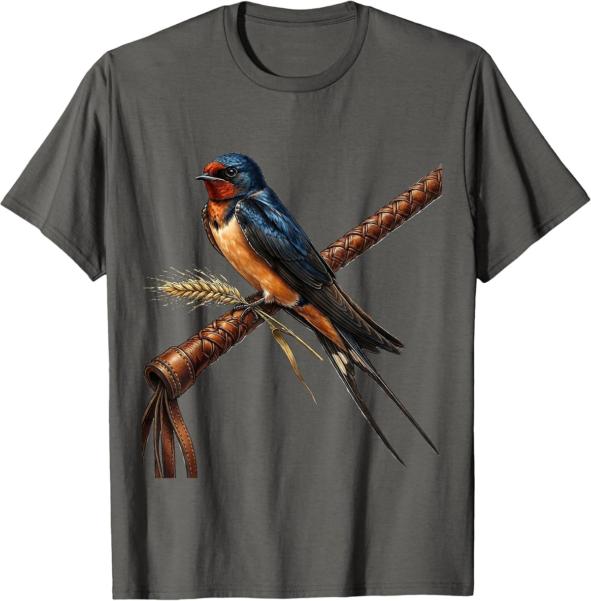 Barn Swallow on Riding Crop Equestrian Design T-Shirt - Asphalt Grey