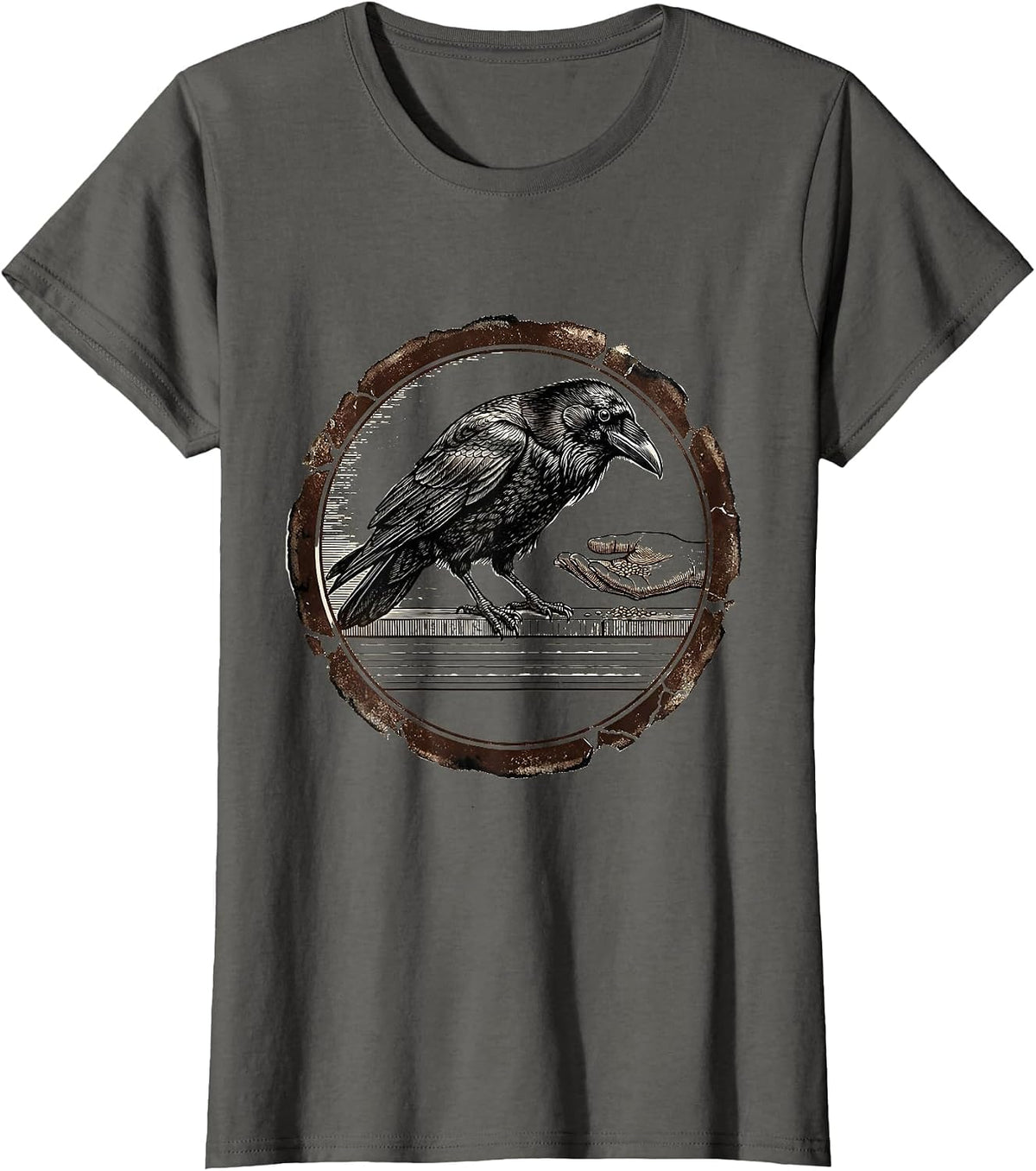 Women's Stamped Crow Seal Dark Humor Gothic Bird Lover T-Shirt - Asphalt Grey