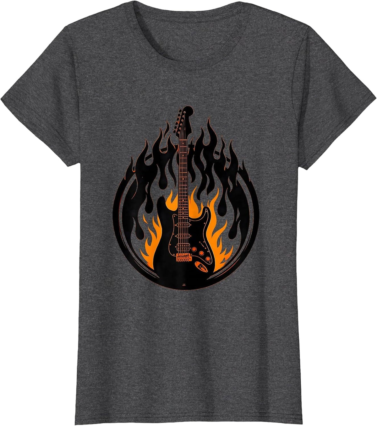 Women's Flaming Electric Guitar Rock Music Graphic T-Shirt - Dark Heather Grey