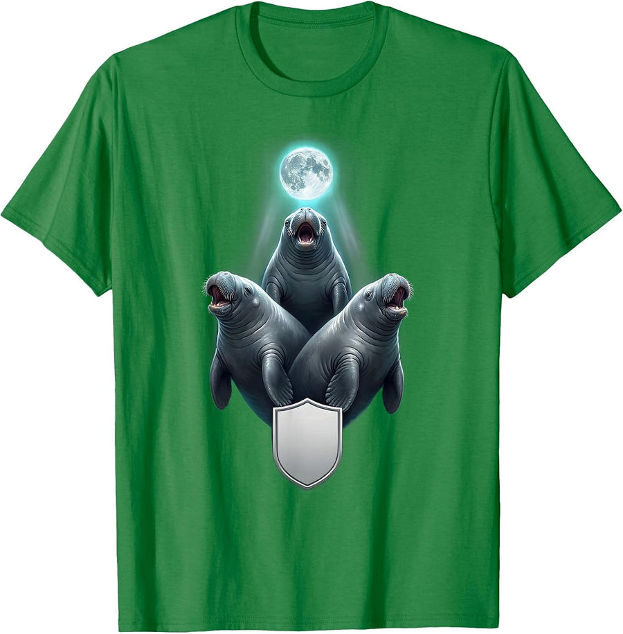 Men's Three Manatee Moon Howling Funny Animal Meme Parody T-Shirt - Kelly Green