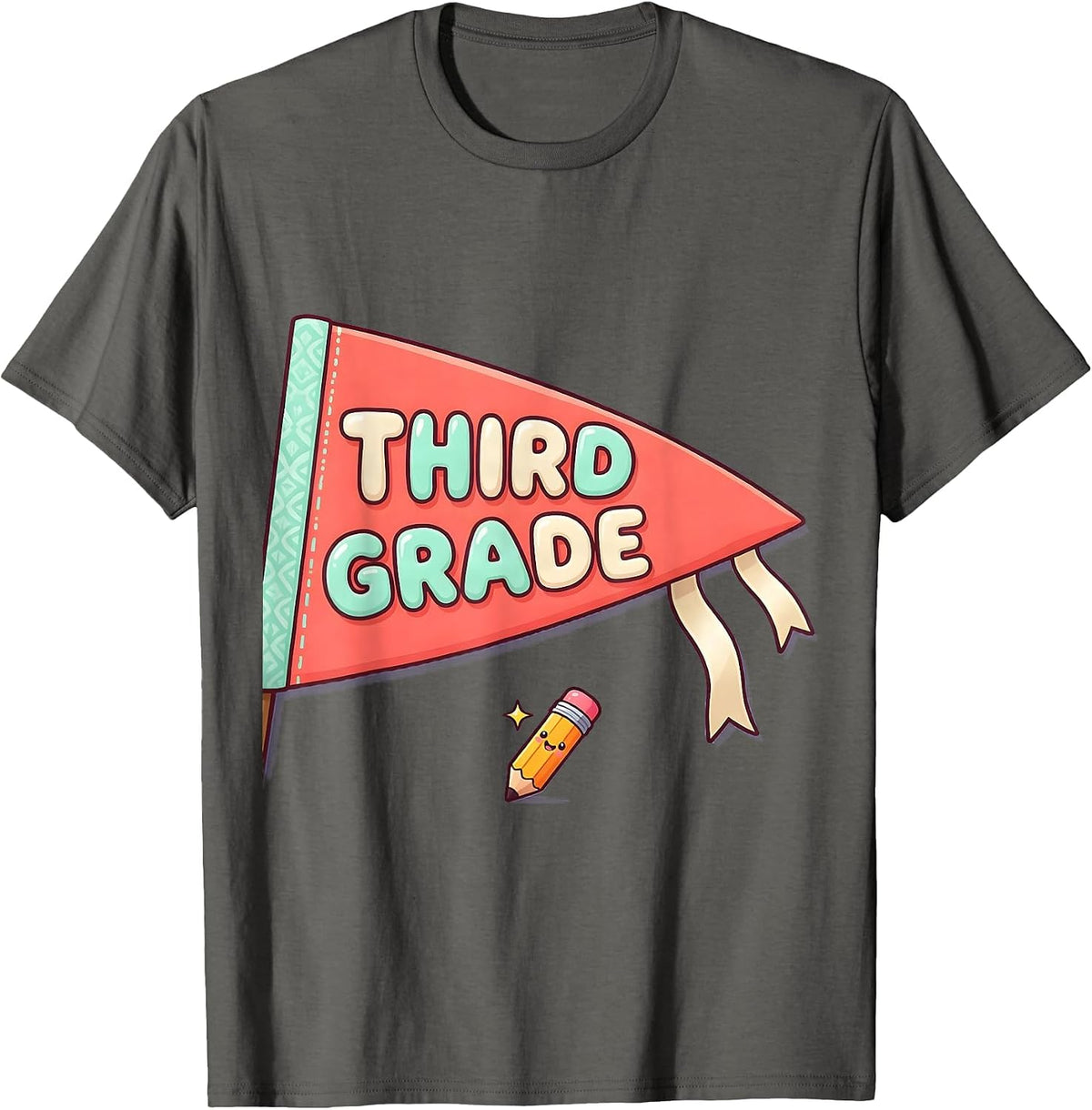 Men's Third Grade Cute Kawaii Back To School Pennant Flag T-Shirt - Asphalt Grey