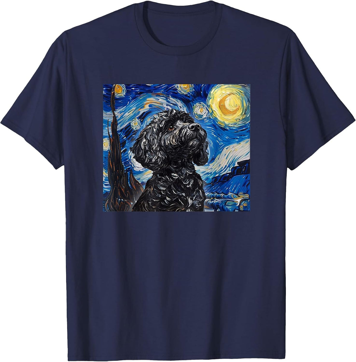 Cute Illustration Painting Starry Night Black Cockapoo Lover T-Shirt - Navy Blue