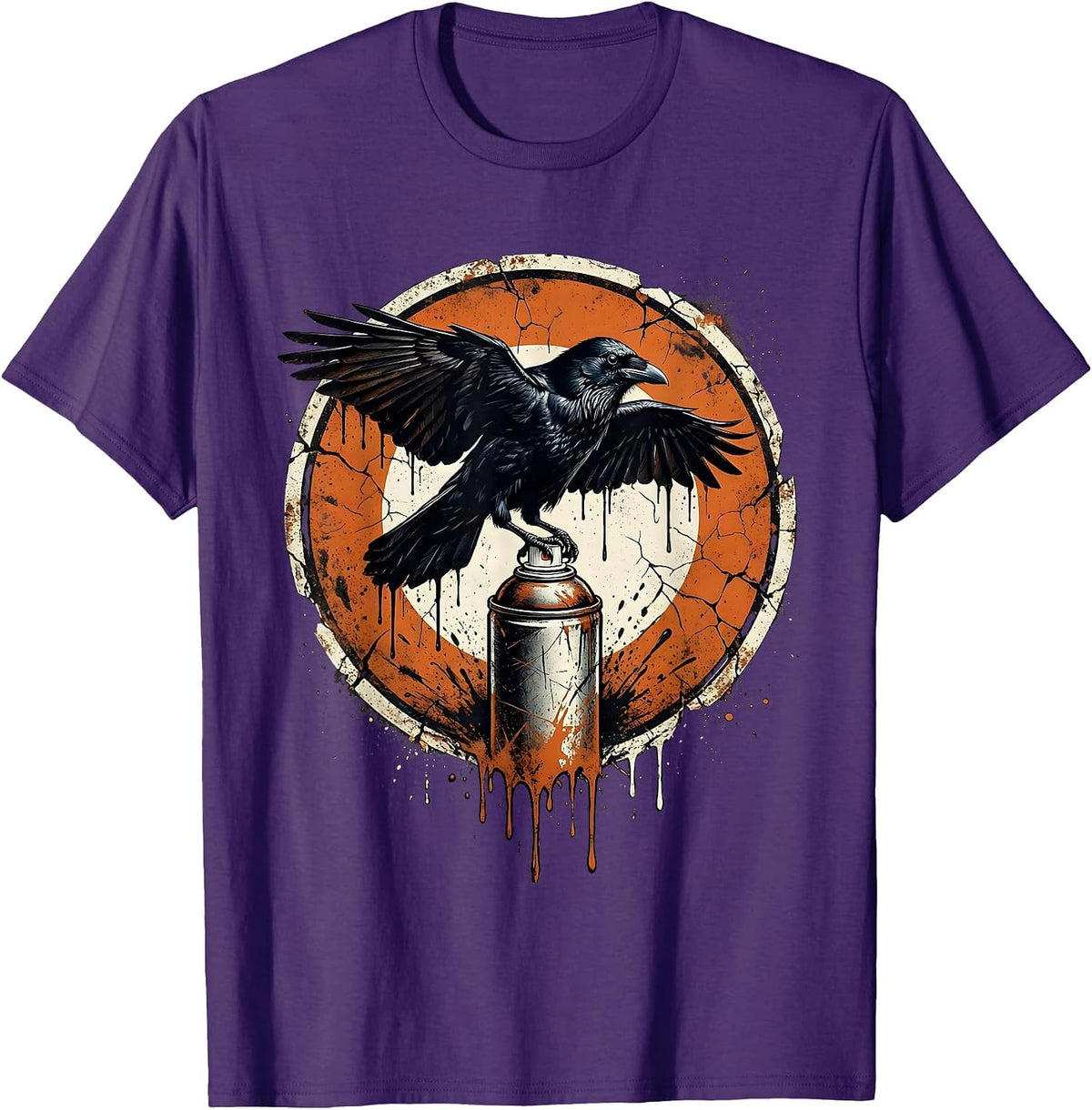Men's Grunge Crow on Dripping Spray Can Illustration T-Shirt - Purple