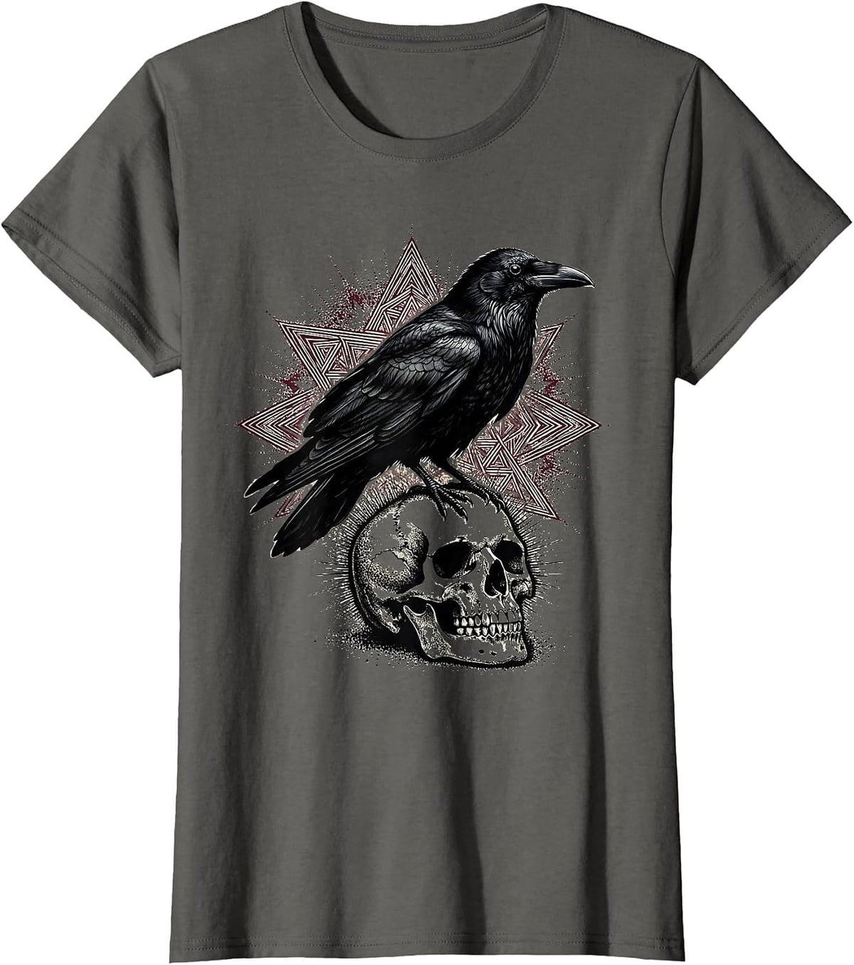 Women's Raven Perched on Mossy Skull Gothic Nature Art T-Shirt - Asphalt Grey