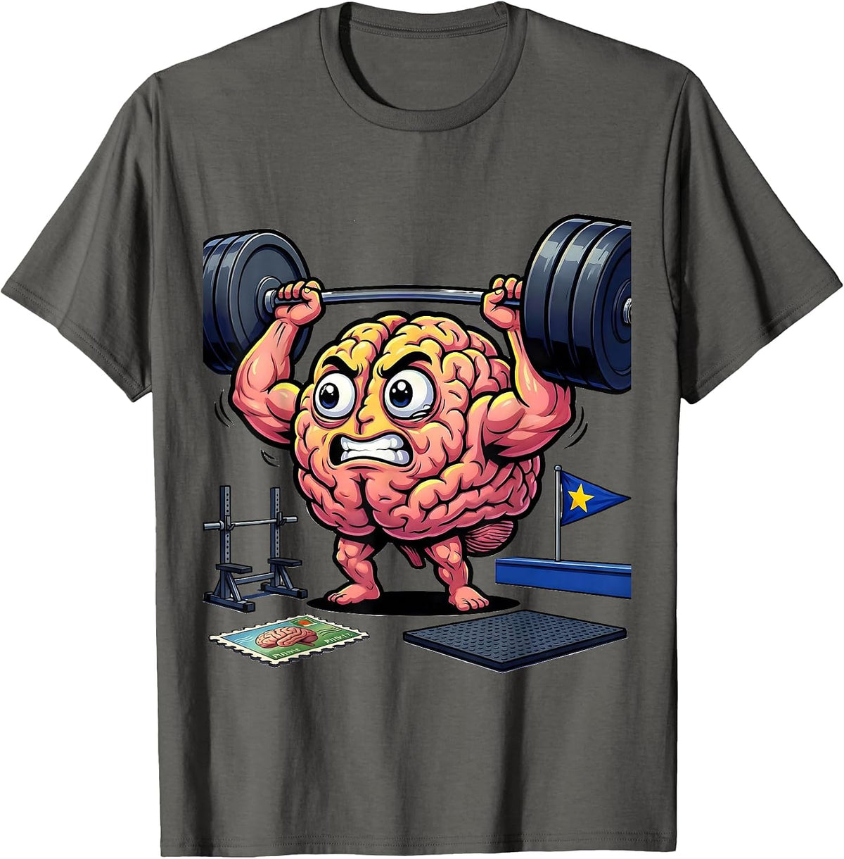 Men's Brain Lifting Weights Kids College Graphic T-Shirt - Asphalt Grey