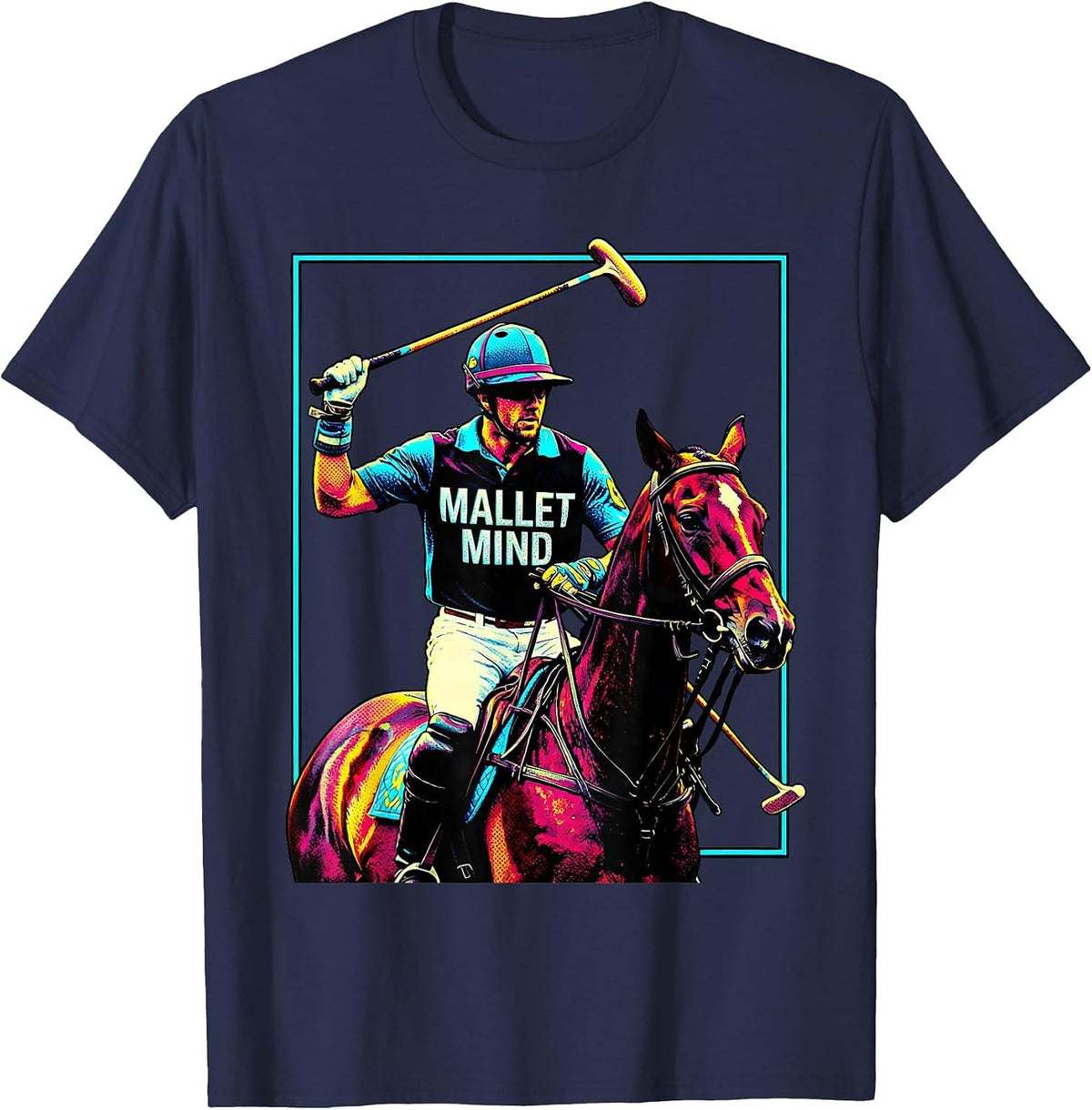 Mallet Mind Pop Art Polo Player Horseback Riding Equestrian T-Shirt - Navy Blue