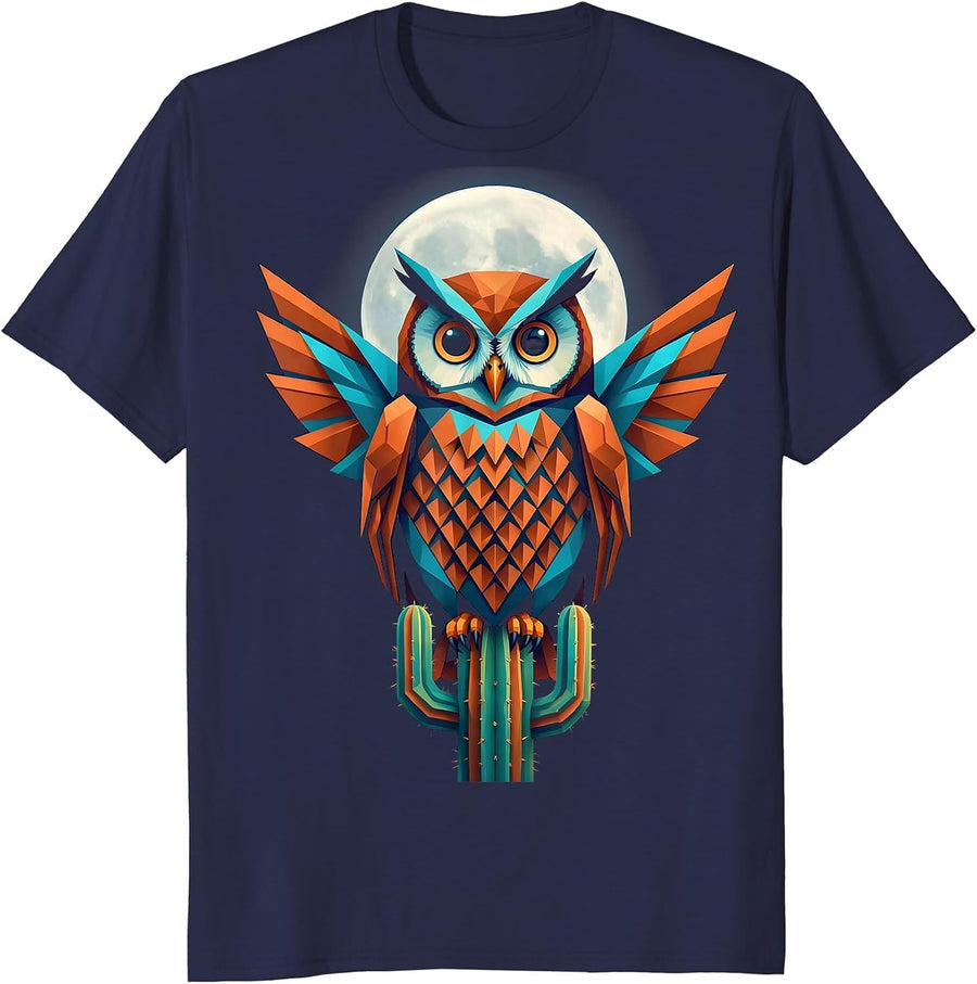 Mexican Owl on Cactus Full Moon Illustration T-Shirt - Navy Blue