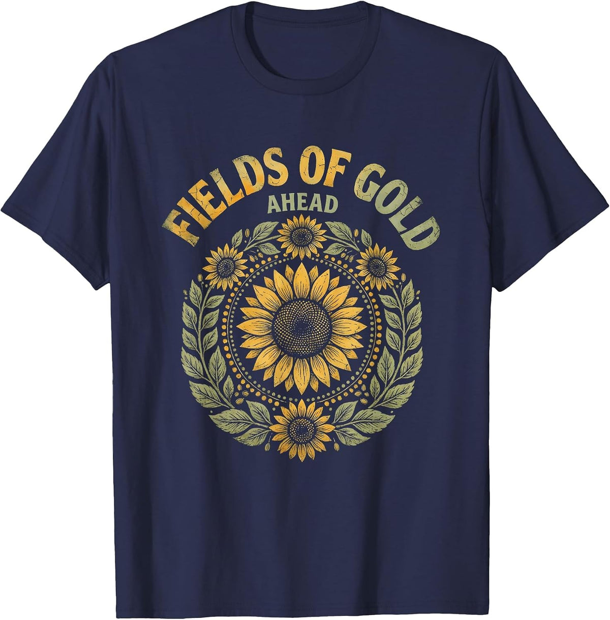 Fields of Gold Ahead Sunflower Floral Design T-Shirt - Navy Blue