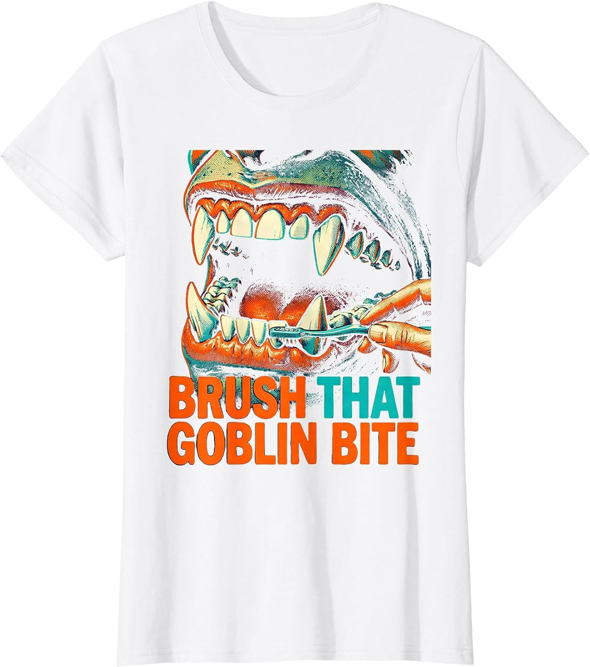 Brush That Goblin Bite Risograph Dental Hygienist Halloween T-Shirt - White