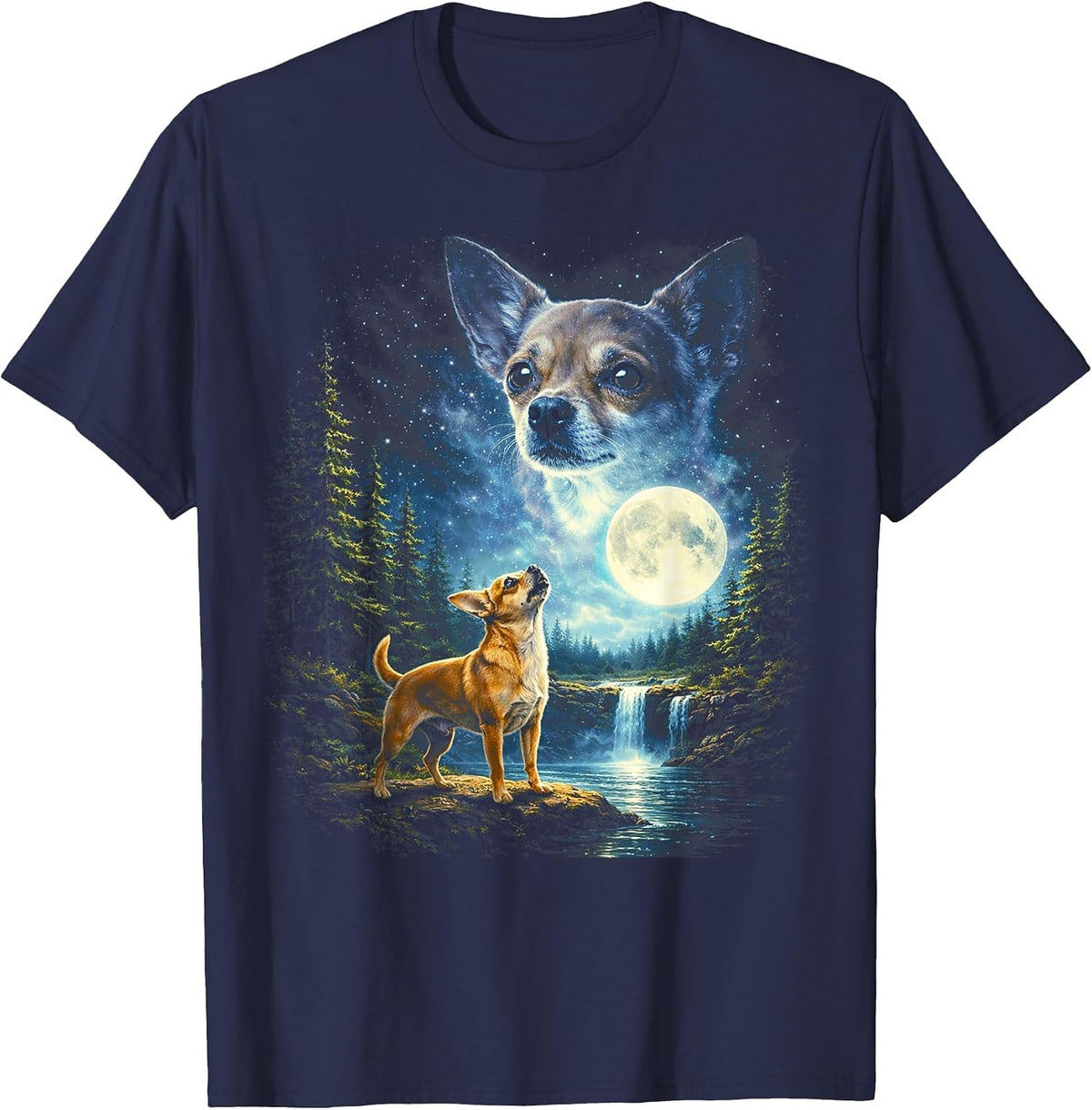 Chihuahua Howling Howl Vintage Funny Dog Moonlit Moon Art T-Shirt - Navy Blue