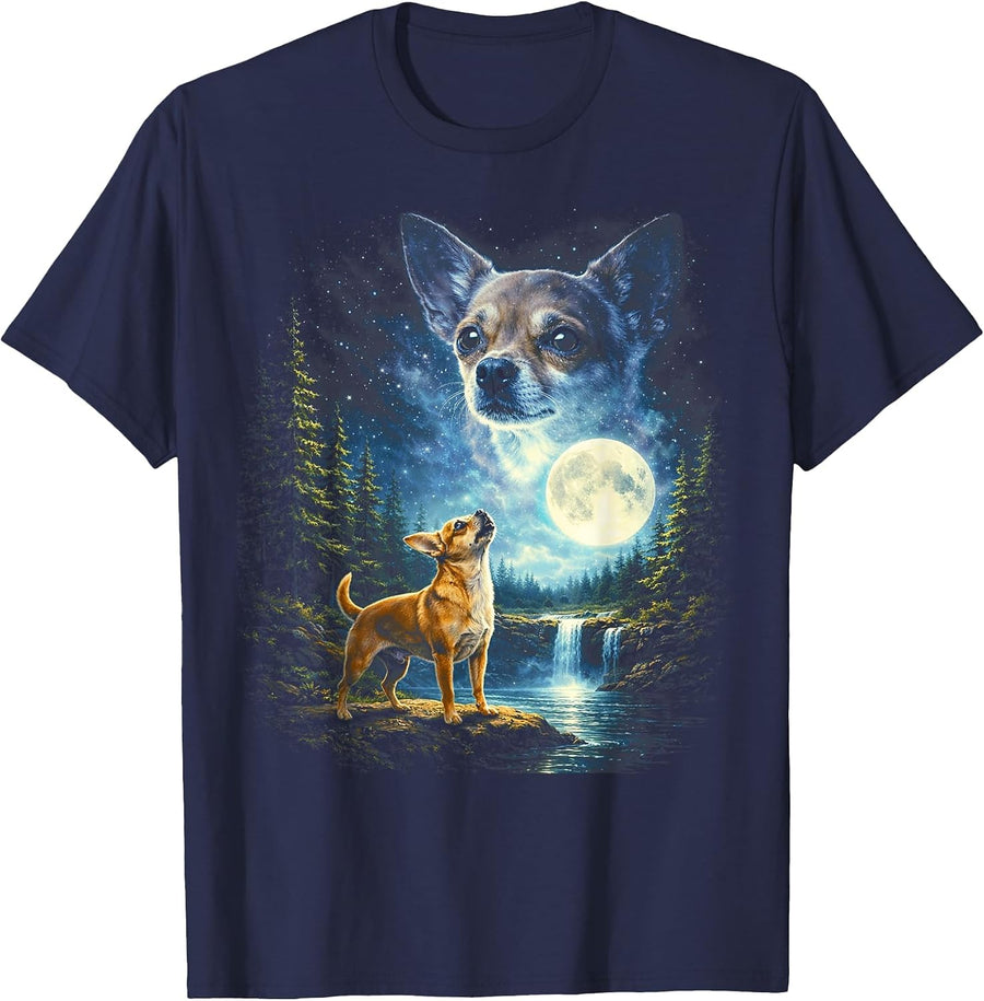 Chihuahua Howling Howl Vintage Funny Dog Moonlit Moon Art T-Shirt - Navy Blue