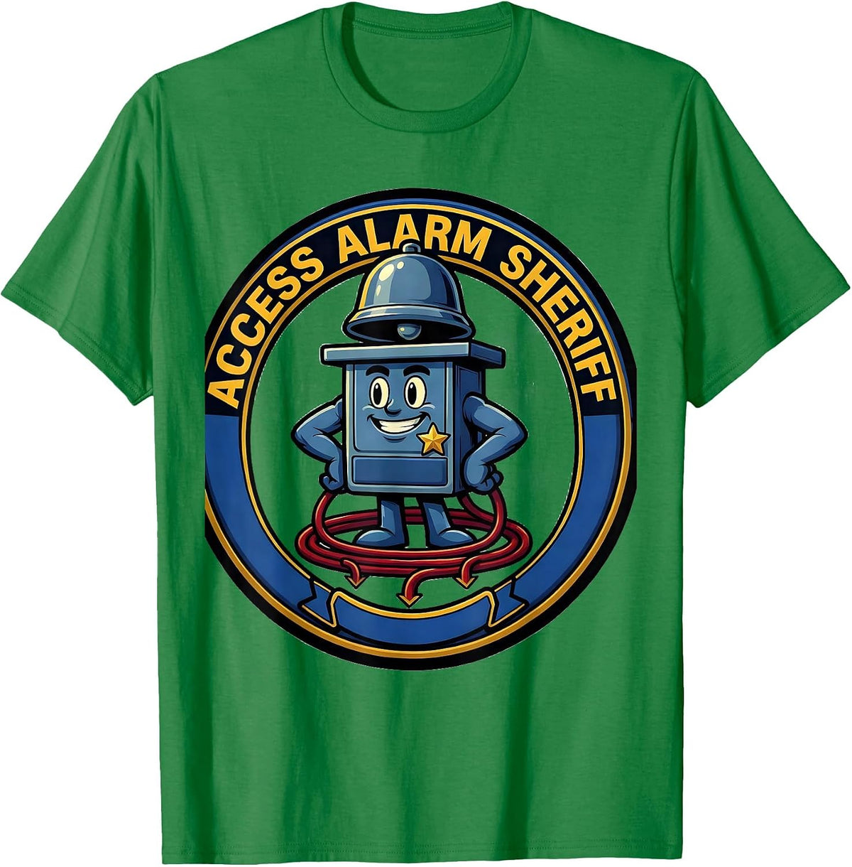 Men's Access Alarm Sheriff Cartoon Dialysis Nurse Nephrology Crew T-Shirt - Kelly Green