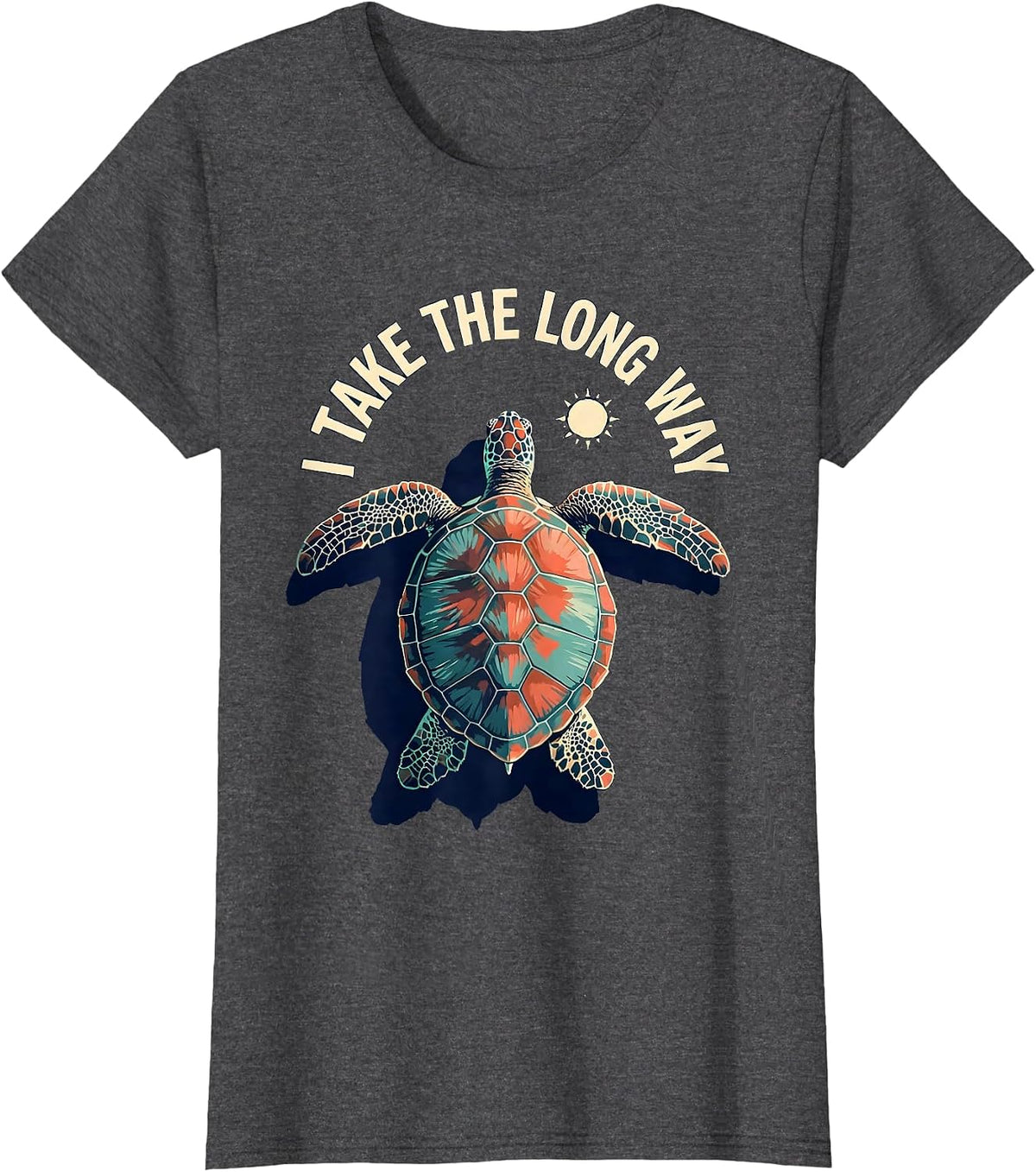 Women's I Take The Long Way Gouache Sea Turtle Tropical Vacation T-Shirt - Dark Heather Grey