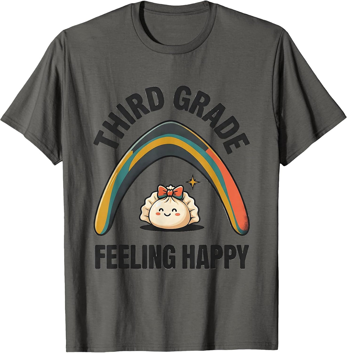 Men's Third Grade Feeling Happy Cute Kawaii Dumpling Back T-Shirt - Asphalt Grey