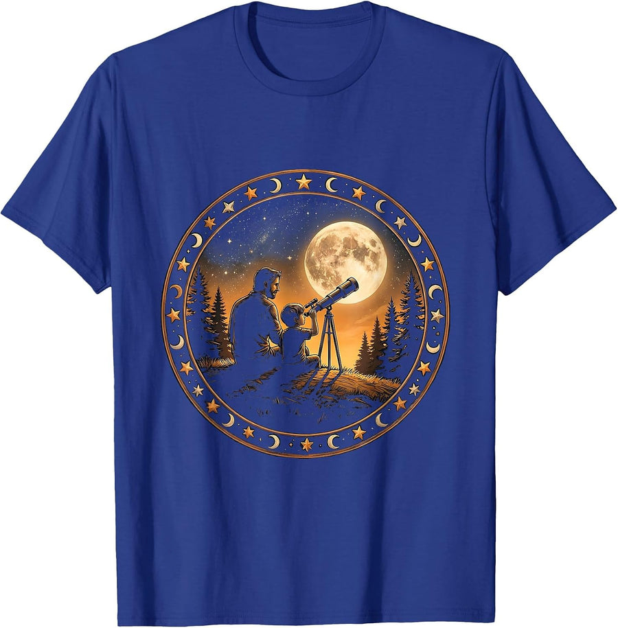 Father Child Stargazing Telescope Astronomy Art T-Shirt - Royal Blue