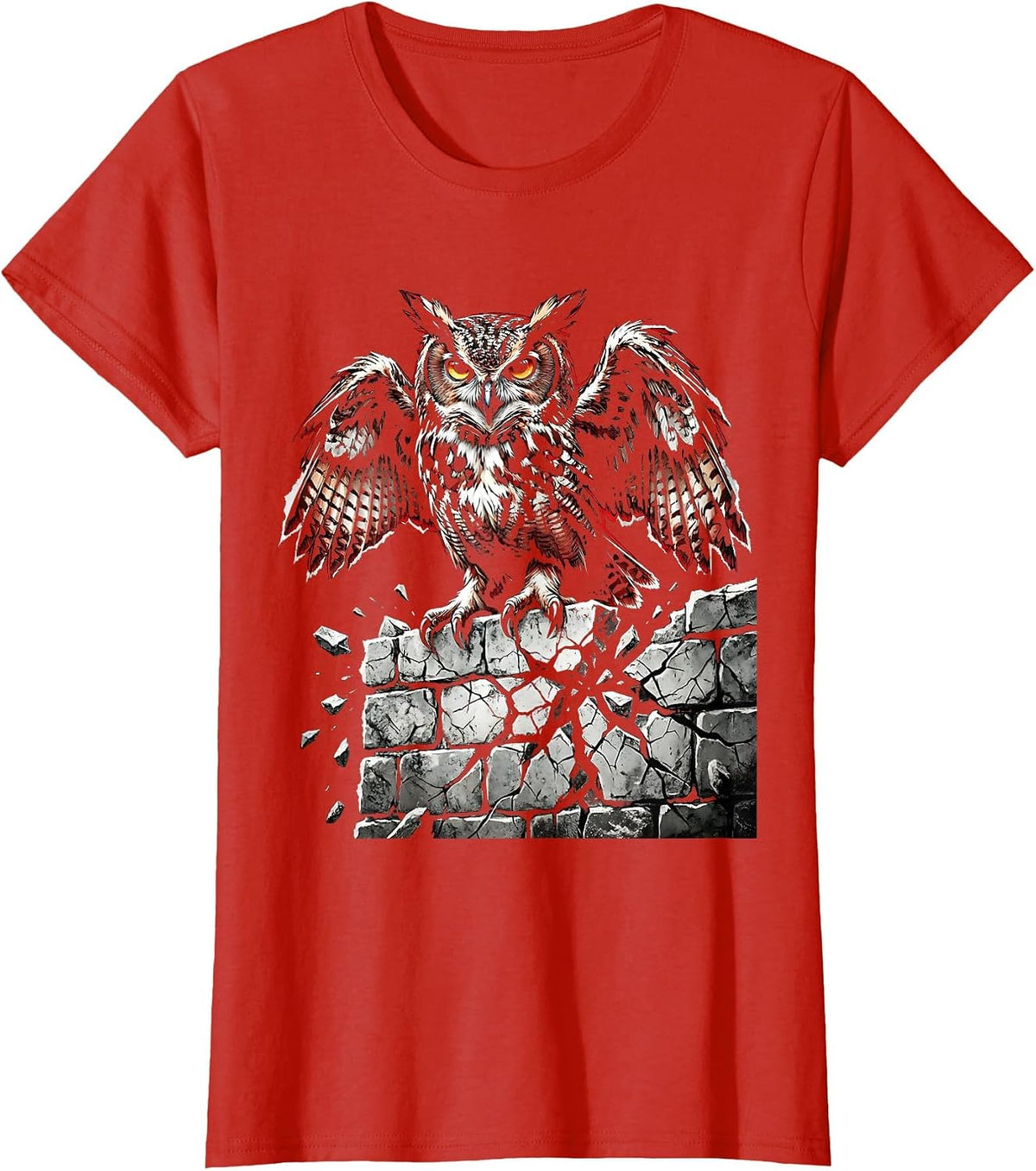 Owl on Crumbling Stone Wall Free Speech Design T-Shirt - Red