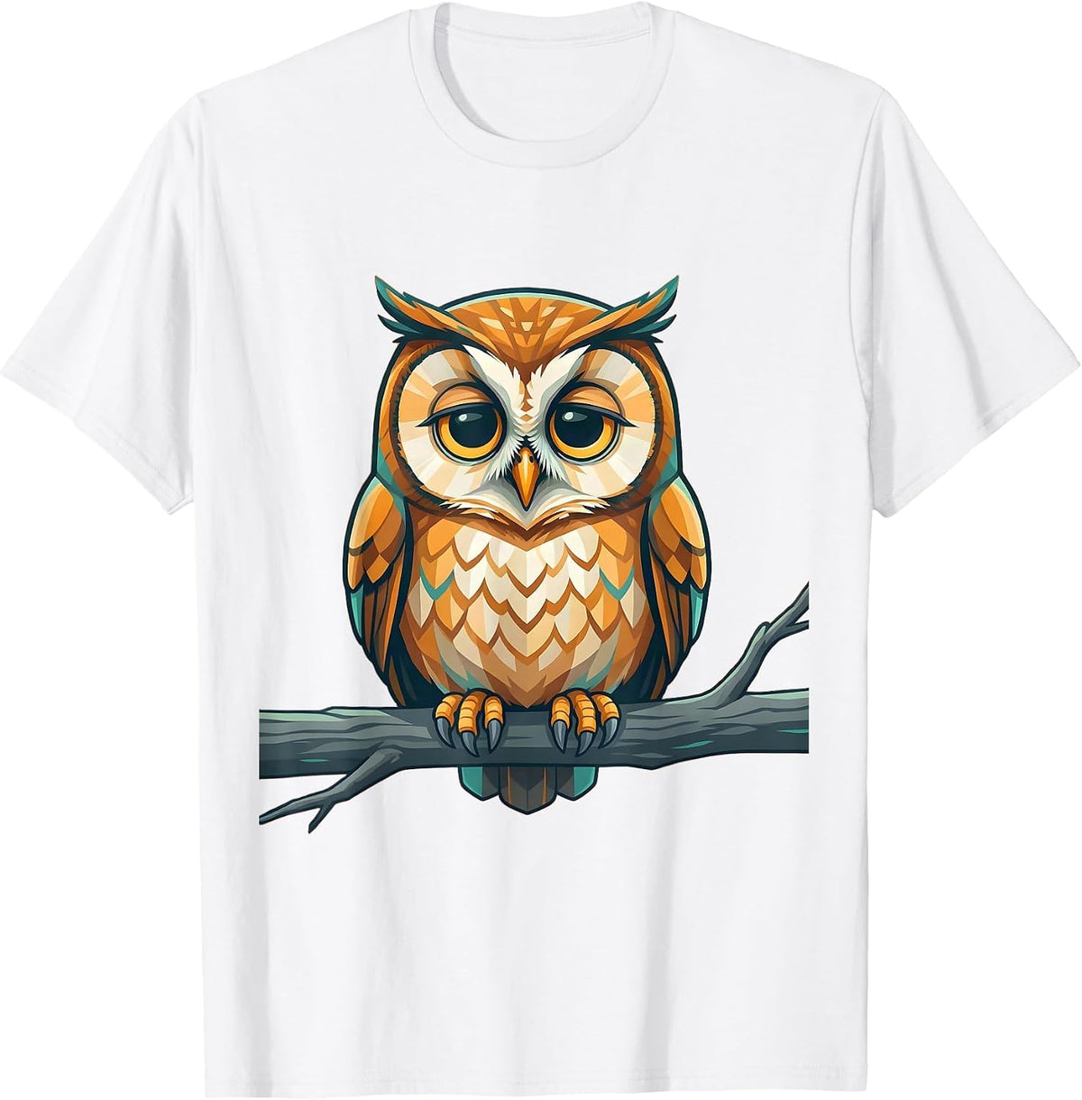 Sleepy Owl on Branch Blinking Illustration T-Shirt - White