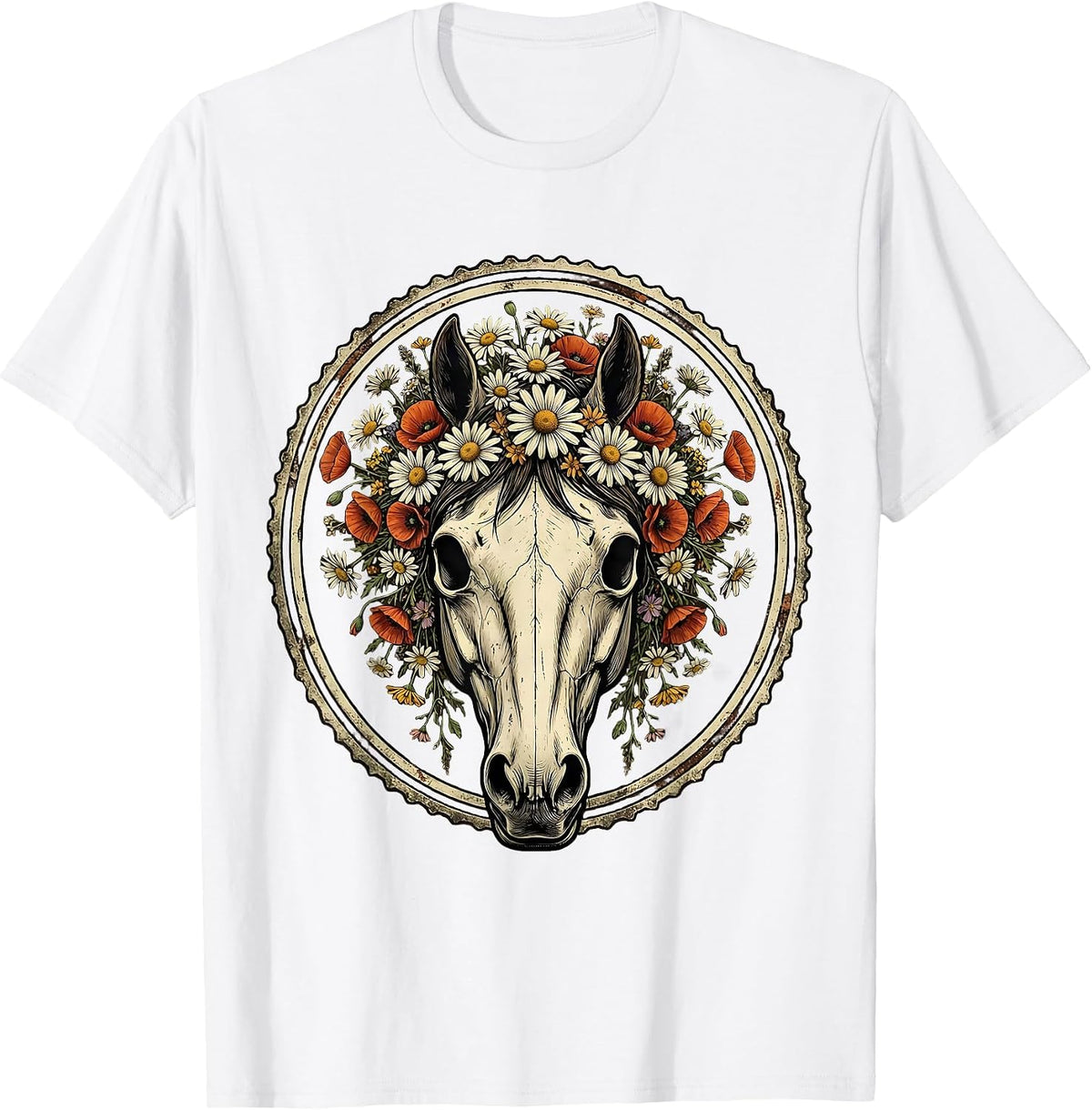 Men's Horse Skull Wildflower Crown Botanical Art T-Shirt - White