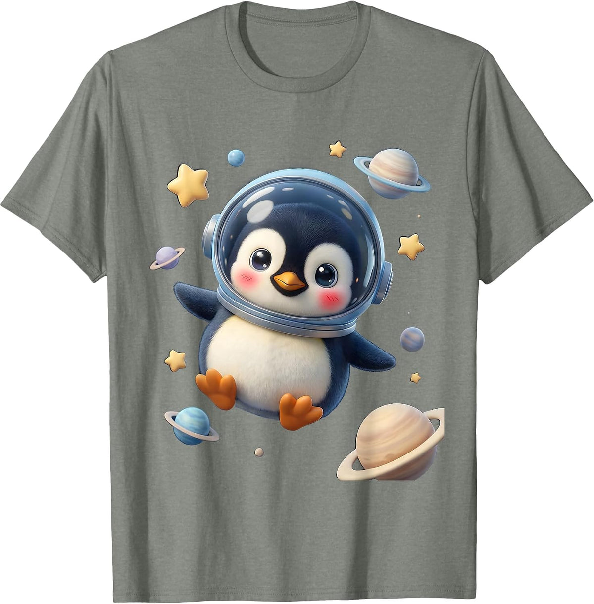 Men's Penguin Astronaut Floating in Outer Space T-Shirt - Olive Heather