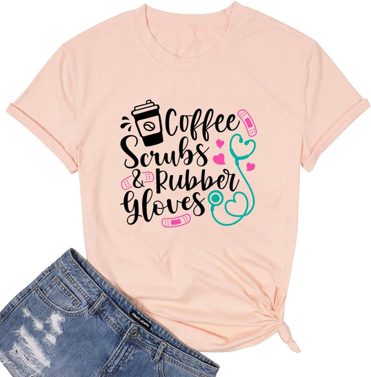 TSIIUO Women's Nurse Life Coffee T-Shirt Coffee Scrubs and Rubber Gloves Shirt Funny Gifts Casual Short Sleeve Tee Tops -