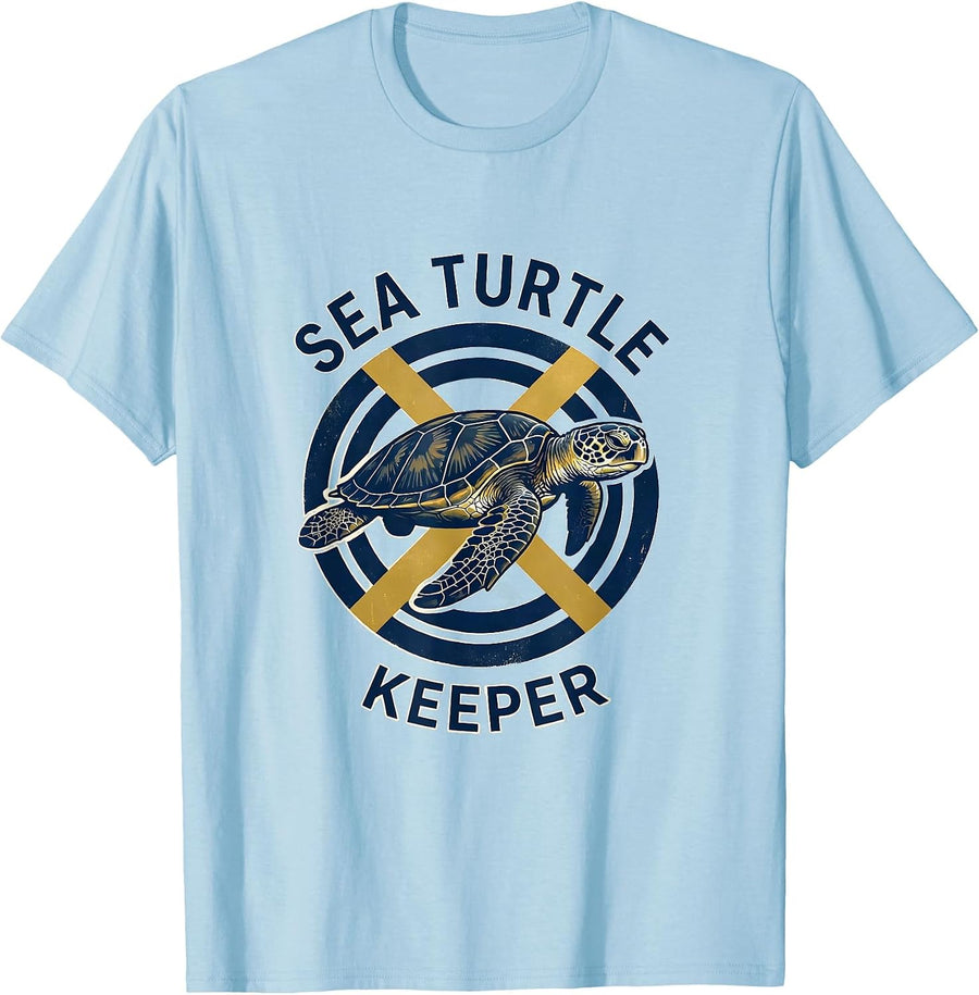 Men's Sea Turtle Keeper Badge Patch Line Art Icon Outline Gift T-Shirt - Baby Blue