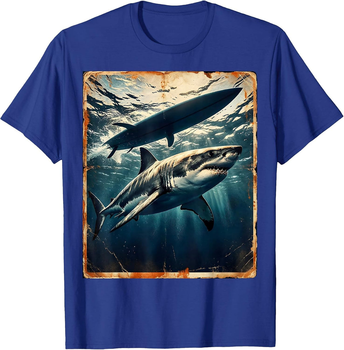 Men's Boys Hawaiian Shark Under Surfboard Graphic Tee T-Shirt - Royal Blue