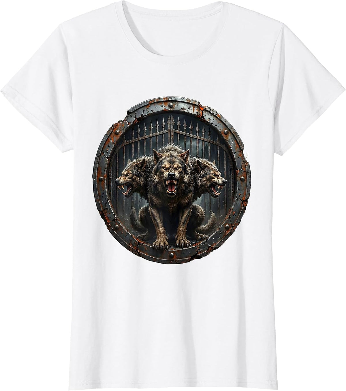 Three-Headed Dog Iron Fortress Gates Heavy Metal T-Shirt - White