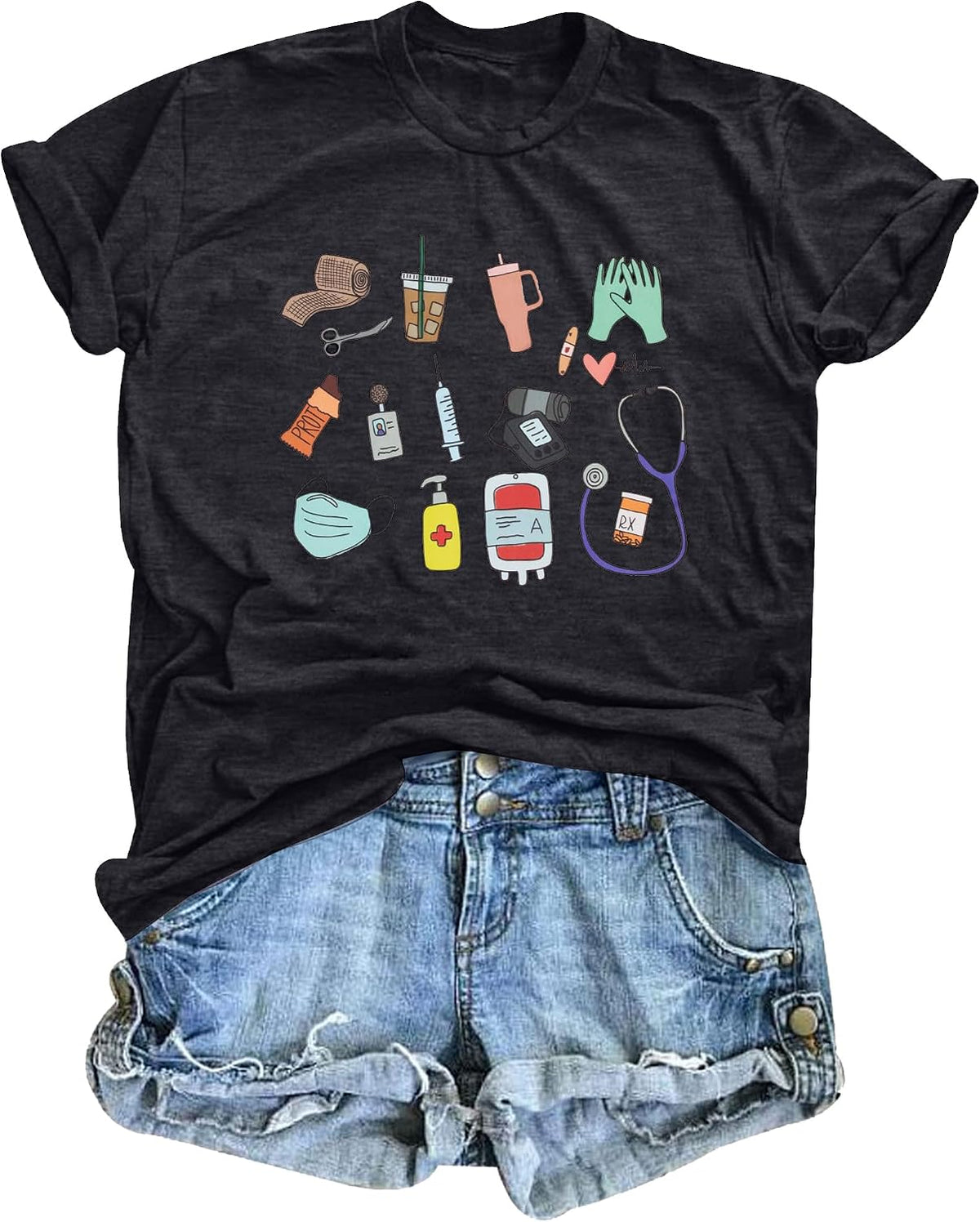 Nurse Shirt Women Nurse Accessories Graphic: Tees Cute Nurse Life T-Shirt Inspirational Short Sleeve Tee Tops - Black