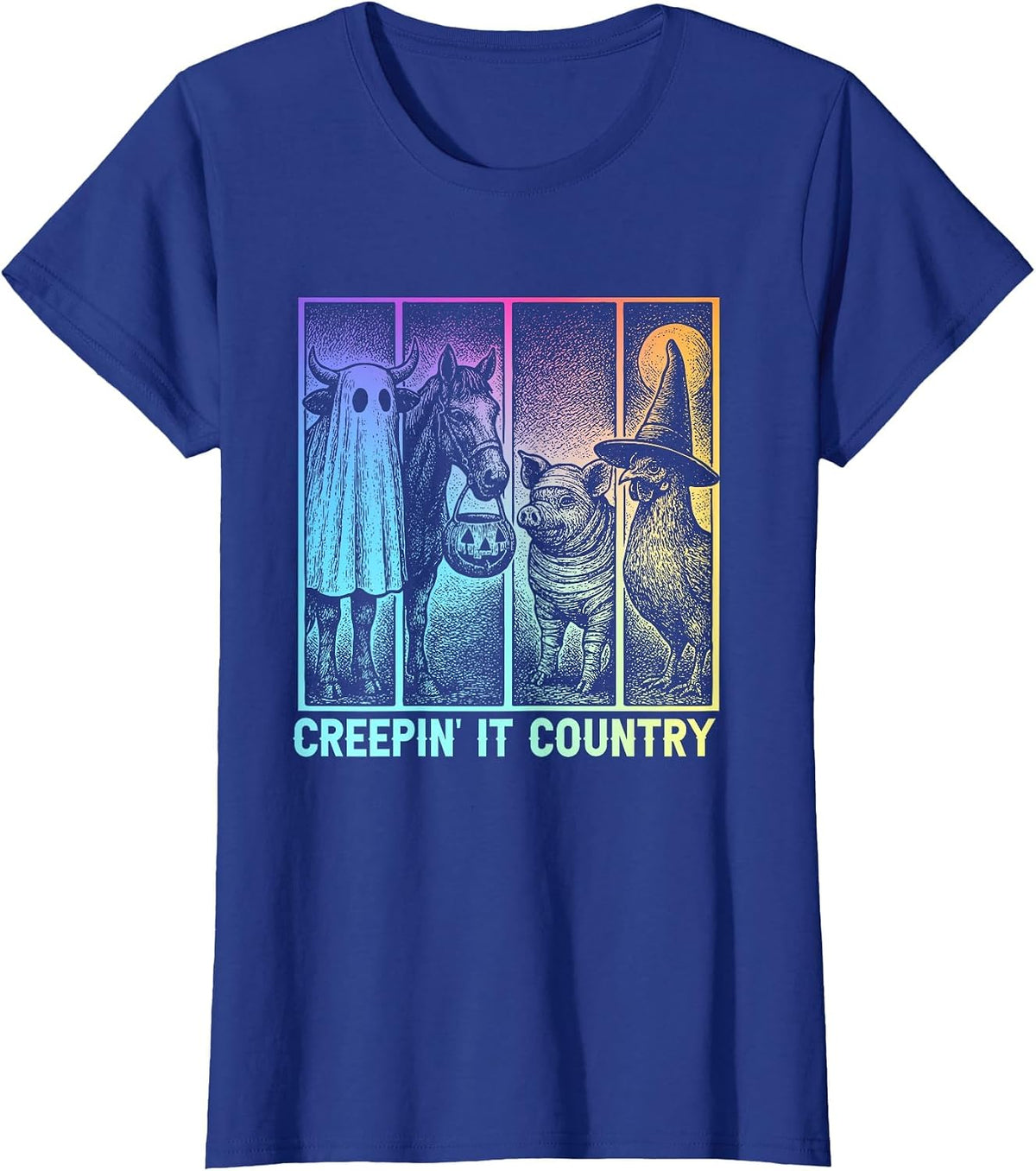 Creepin’ It Country Halloween Farm Animal Pig Cow Chicken T-Shirt - Royal Blue