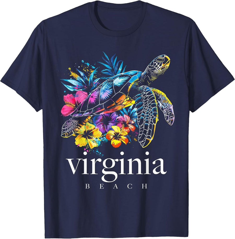 Virginia Beach Souvenir Surfer Diver Sea Turtle T-Shirt - Navy Blue