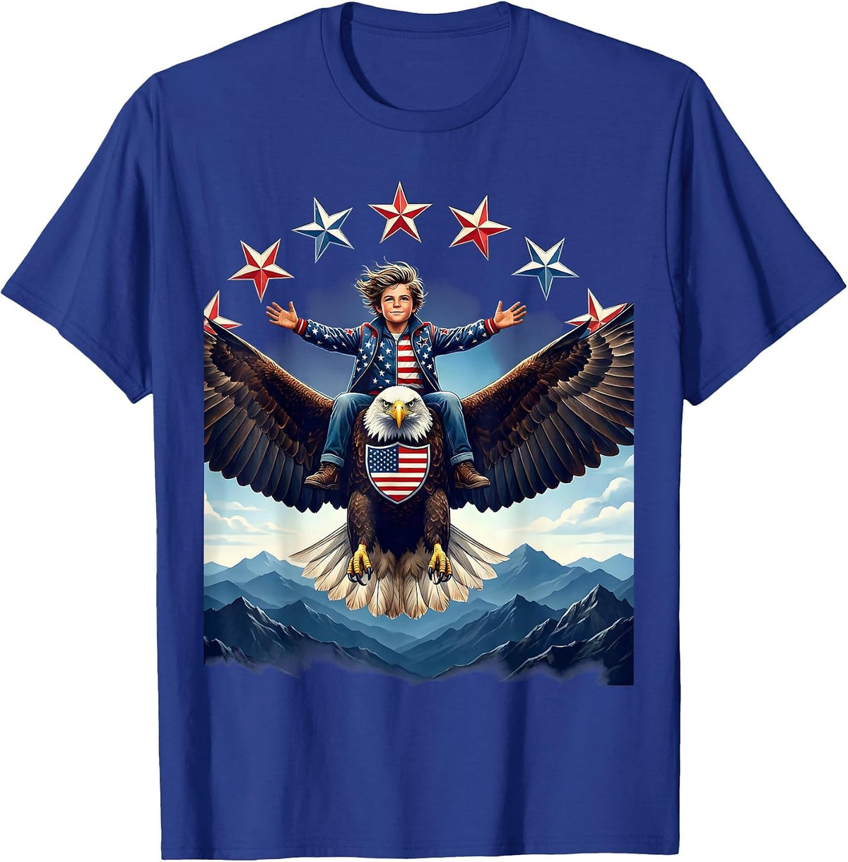 Men's American Flag Bald Eagle Mountain Rider Design T-Shirt - Royal Blue