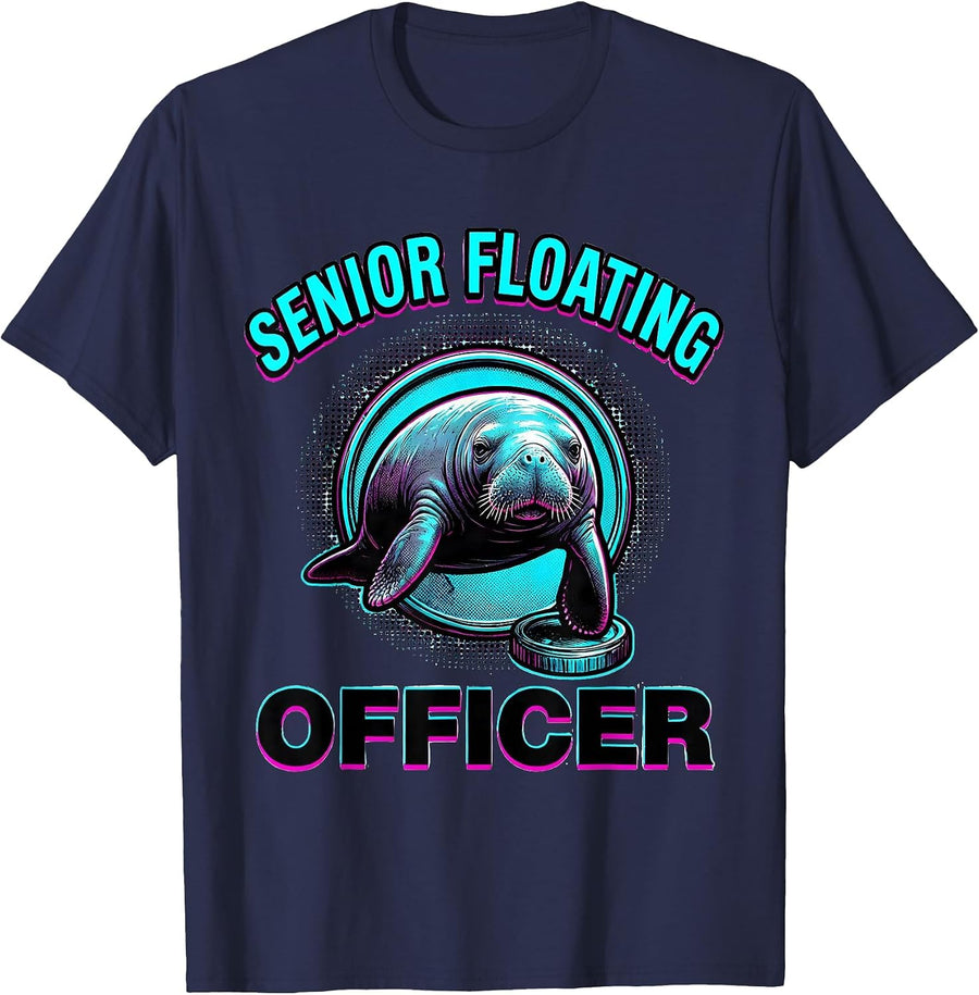 Senior Floating Officer Pop Art Manatee Wildlife Lover Humor T-Shirt - Navy Blue