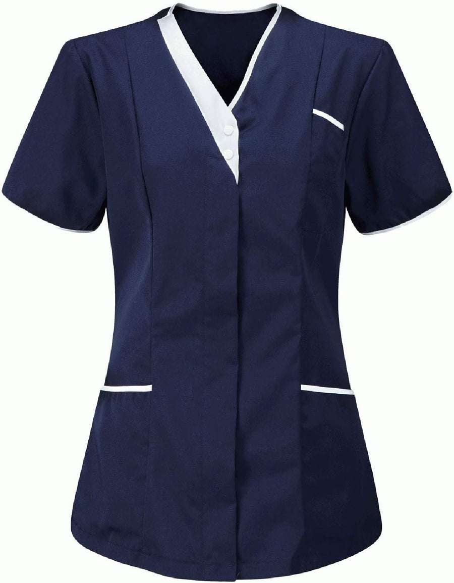 Women's Nurses Shirts Casual V Neck Button Short Sleeve Nursing Tops Clinic Carer Protective Uniform Blouses Pockets - Navy