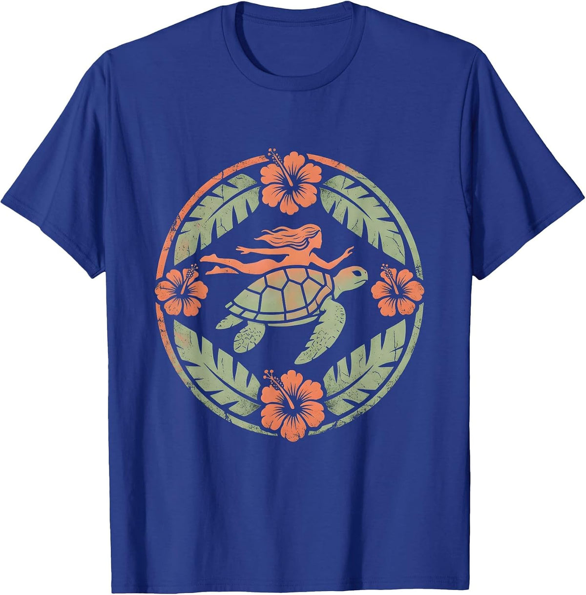 Men's Hawaiian Girl and Sea Turtle Ocean Art Design T-Shirt - Royal Blue