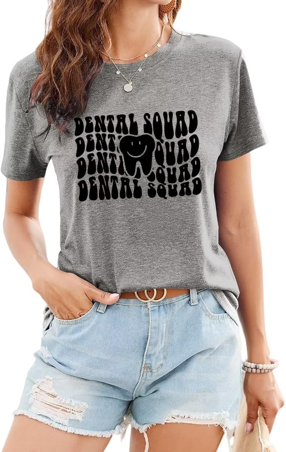 HONTOUTE Women's Dental Squad T-Shirt Funny Dentist Assistant School Hygienist Graphic Tee Tops Blouse - Grey
