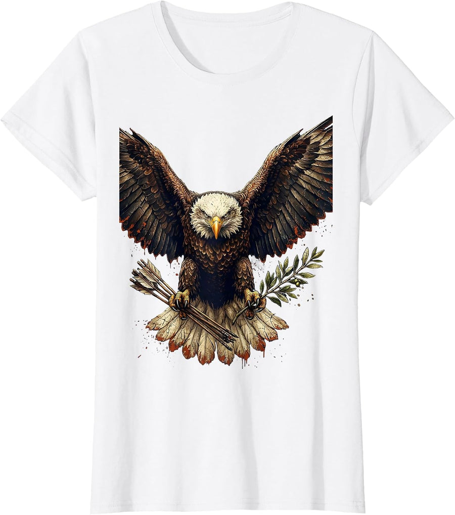 Women's Bald Eagle Olive Branch and Arrows Patriotic T-Shirt - White