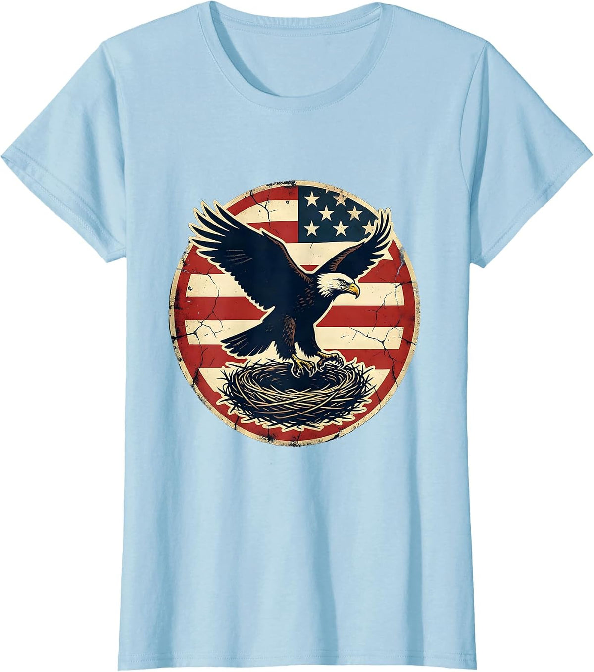 American Flag Draped Bald Eagle Nest Graphic T-Shirt - Baby Blue