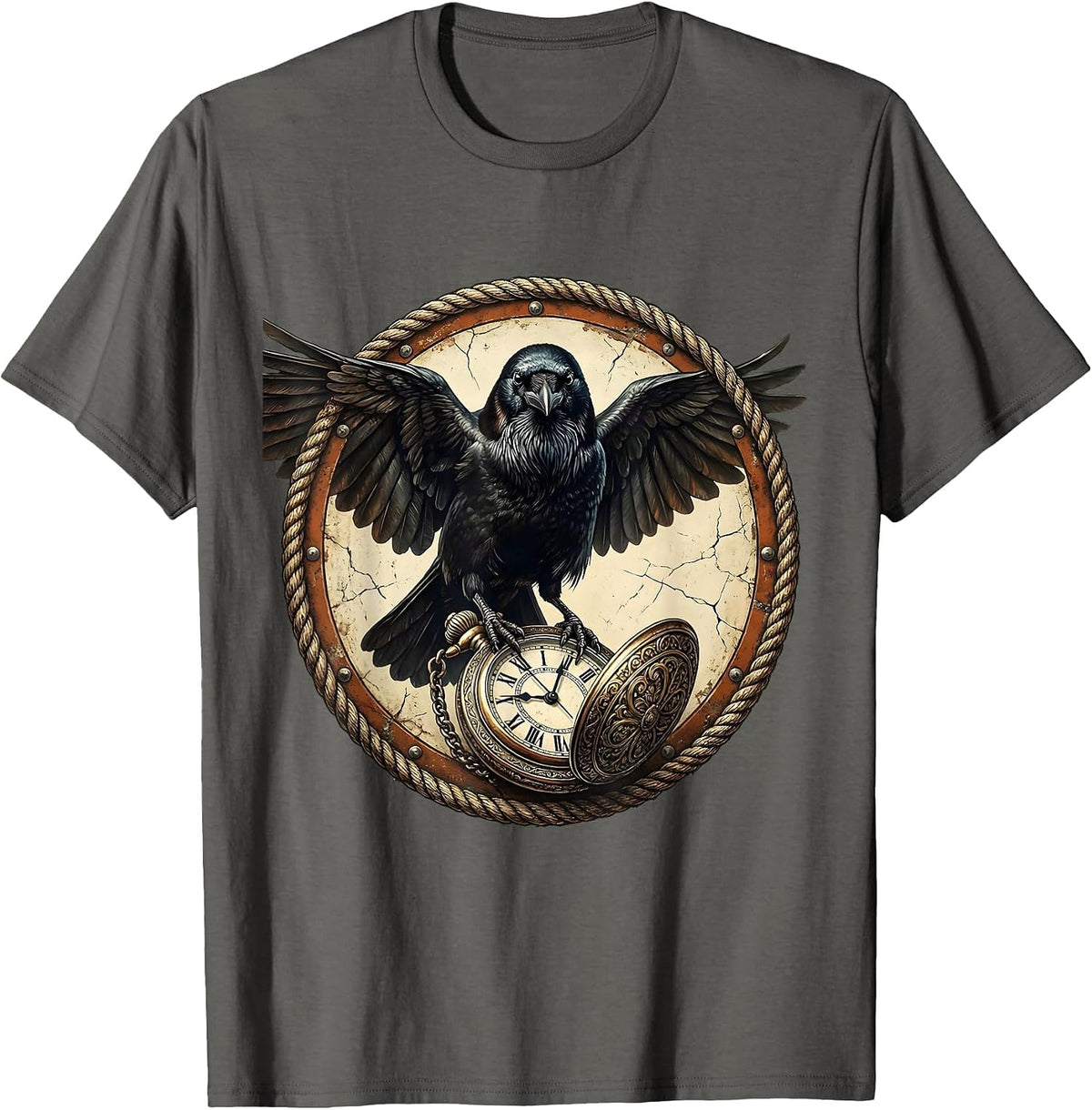 Crow Holding Pocket Watch Gothic Raven Art T-Shirt - Asphalt Grey