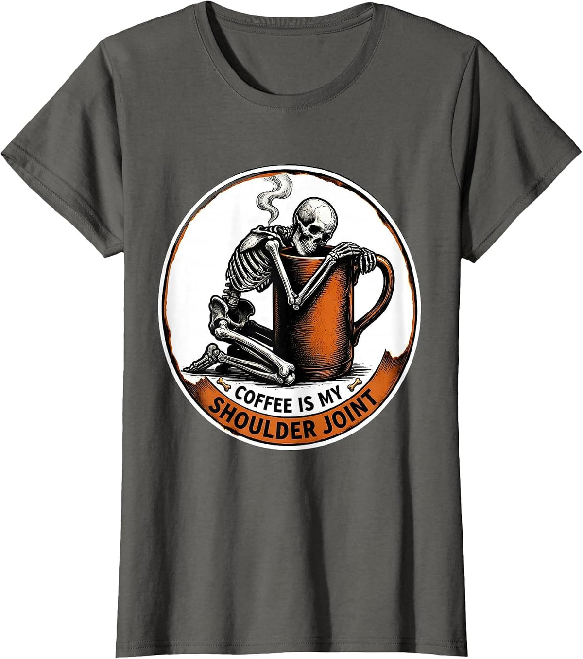 Women's Coffee Is My Shoulder Joint Whimsical Dry Humor Halloween T-Shirt - Asphalt Grey
