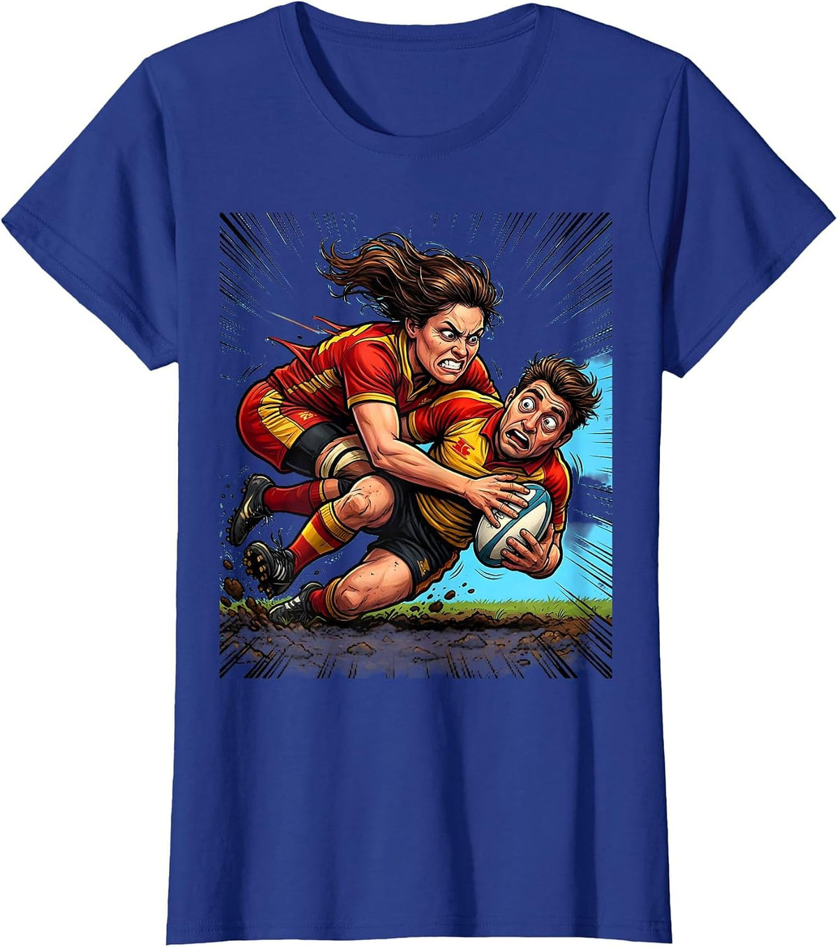 Women's Rugby Tackle Illustration Graphic Design T-Shirt - Royal Blue