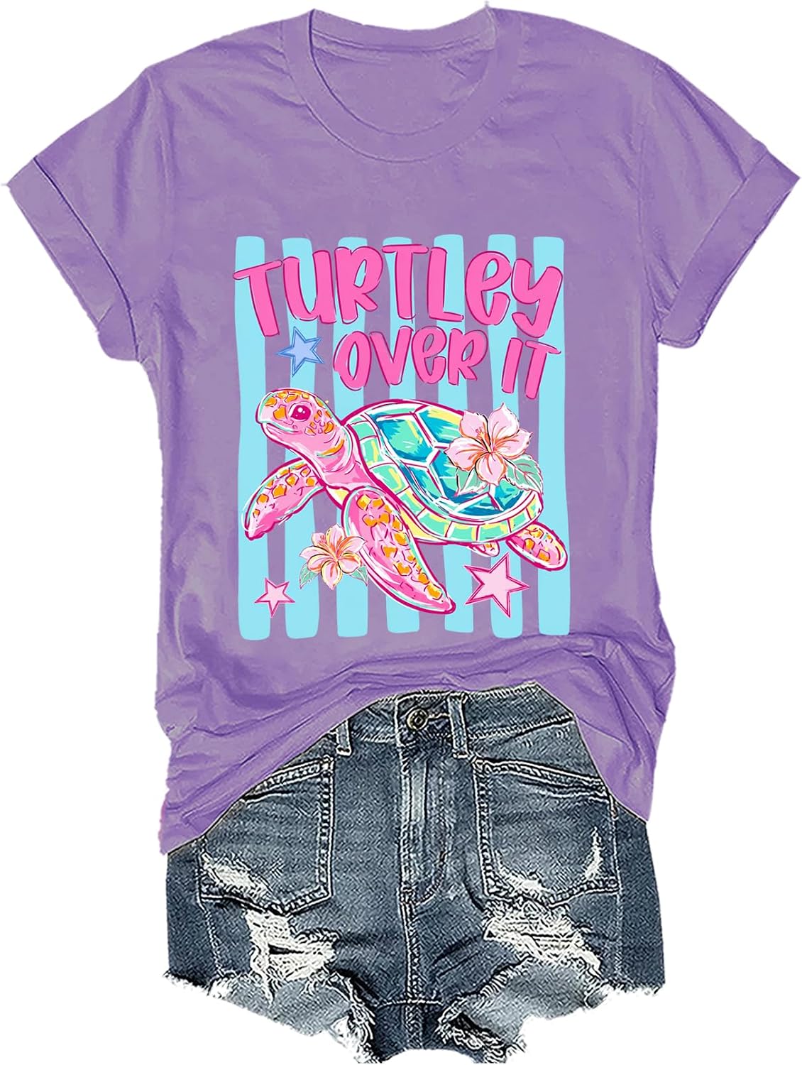 Turtley Over It Shirt Turtley Over It Turtle Tshirt Funny Sea Turtle Ocean Summer Vibes Floral T-Shirt - Crewneck Purple-1