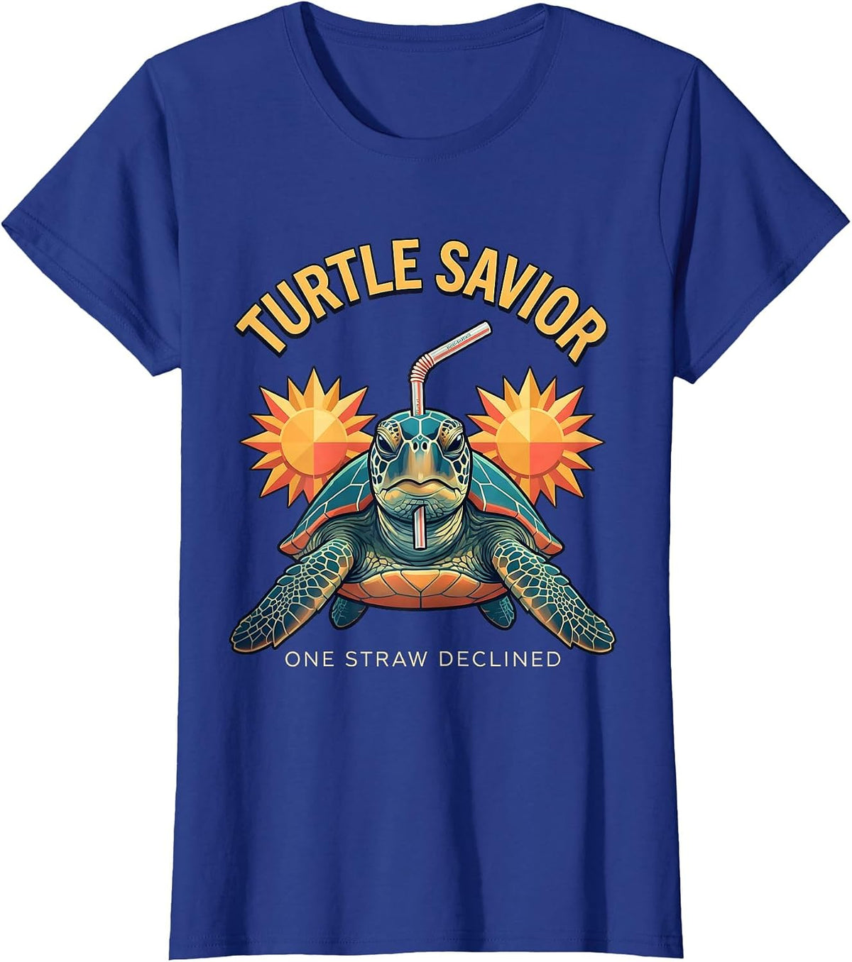 Women's Turtle Savior, One Straw Declined Funny Sea Turtle Plastic T-Shirt - Royal Blue