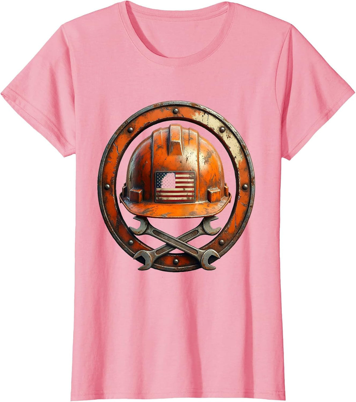 Women's Construction Worker Hard Hat Flag Emblem Graphic T-Shirt - Pink