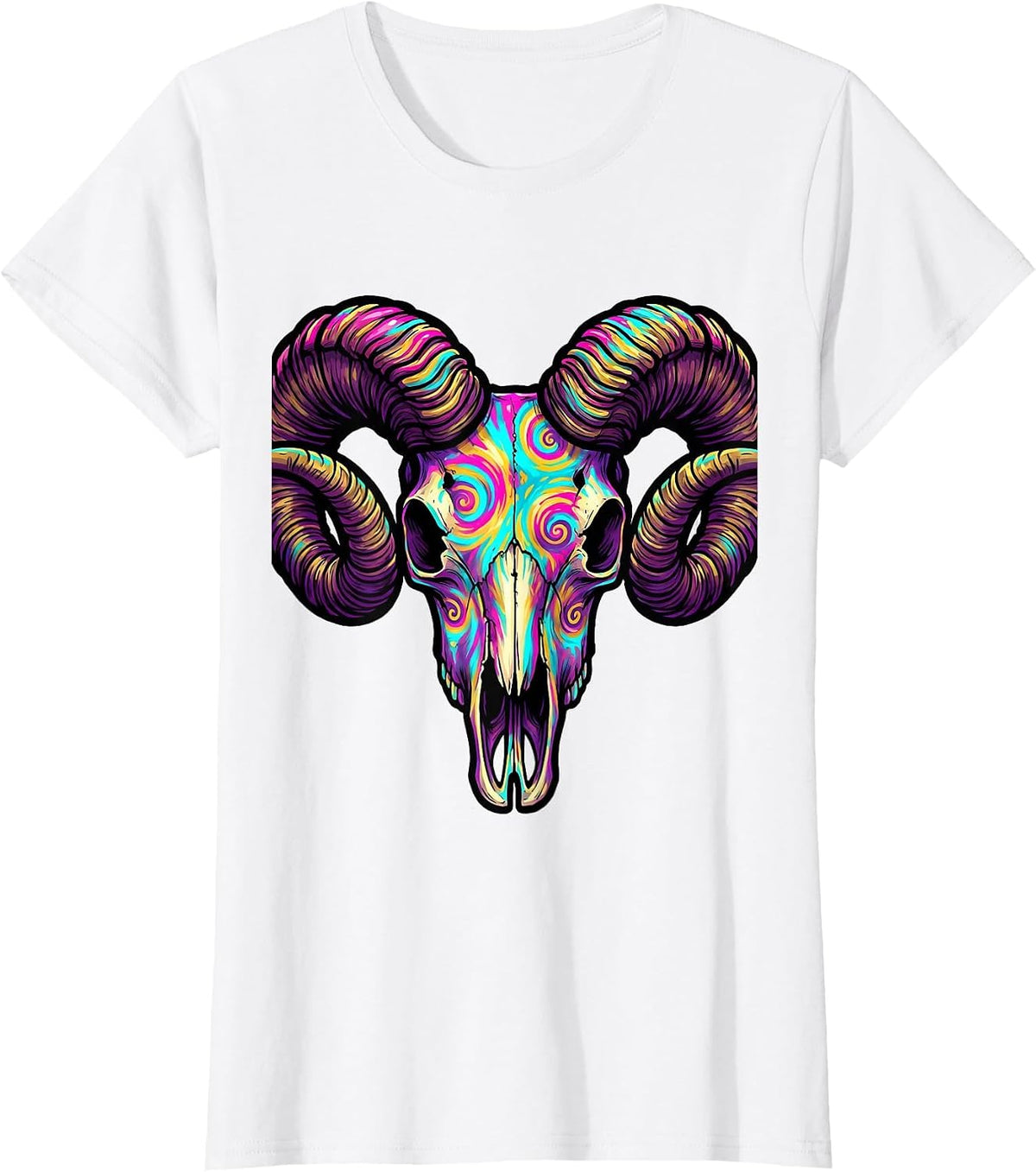 Tie Dye Ram Skull with Curling Horns Design T-Shirt - White