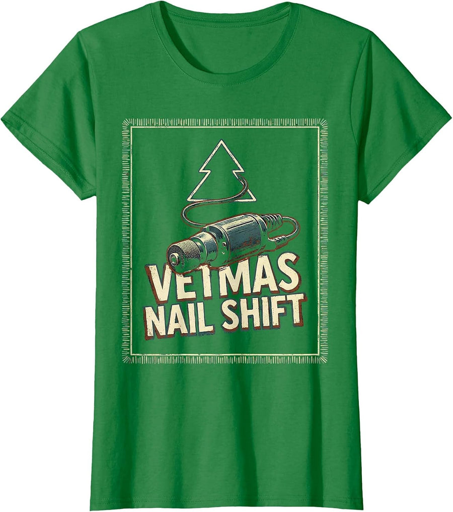 Women's Vetmas Nail Shift Vintage Funny Vet Tech Christmas T-Shirt - Kelly Green